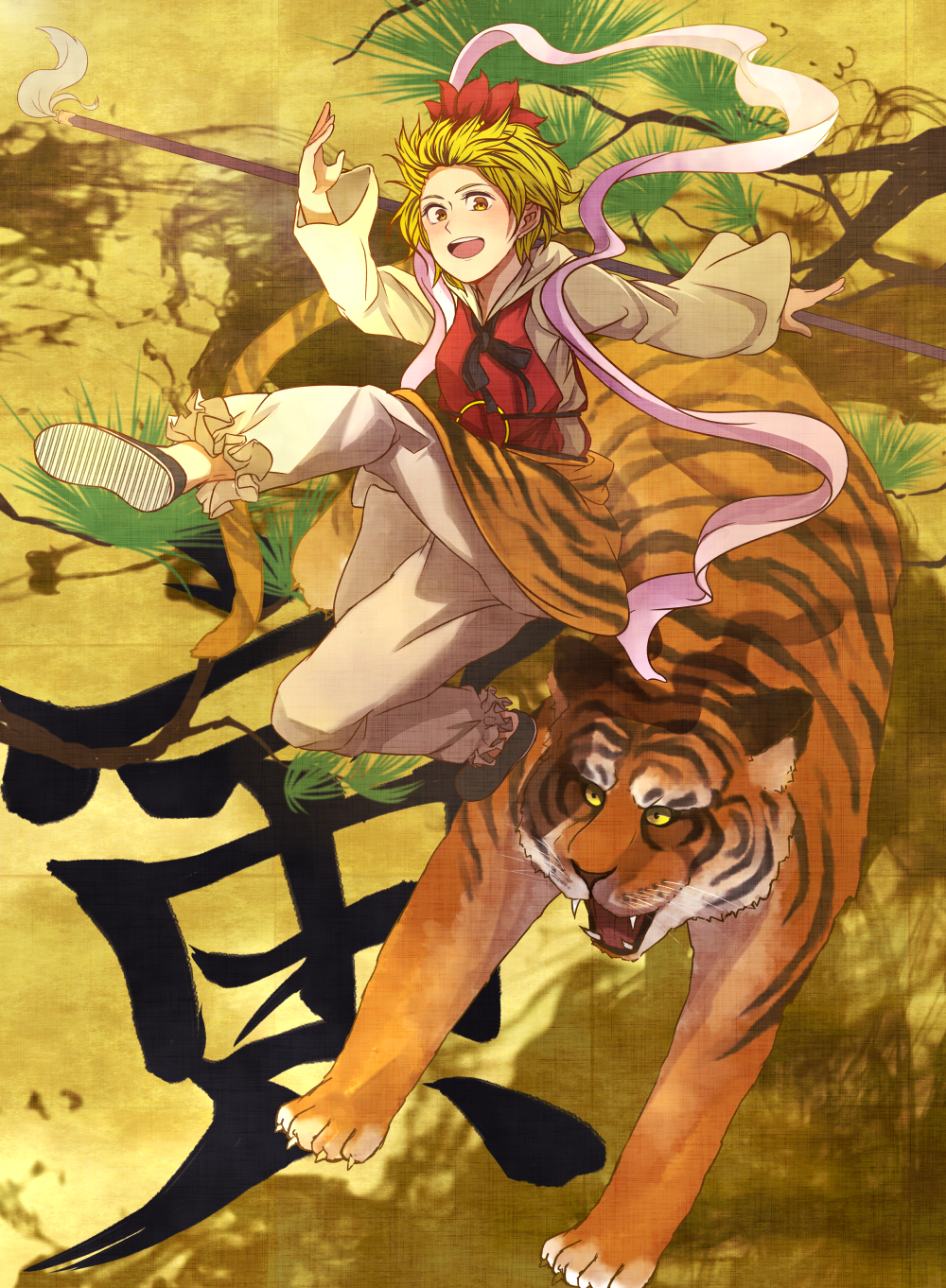 1girl animal black_bow black_bowtie black_shoes blonde_hair bow bowtie branch brown_background frills full_body hair_ornament highres jumping kobaji long_sleeves multicolored_hair open_mouth orange_eyes pants shawl shirt shoes short_hair smile staff streaked_hair tabard tiger tiger_print toramaru_shou touhou tree white_pants white_shirt wide_sleeves