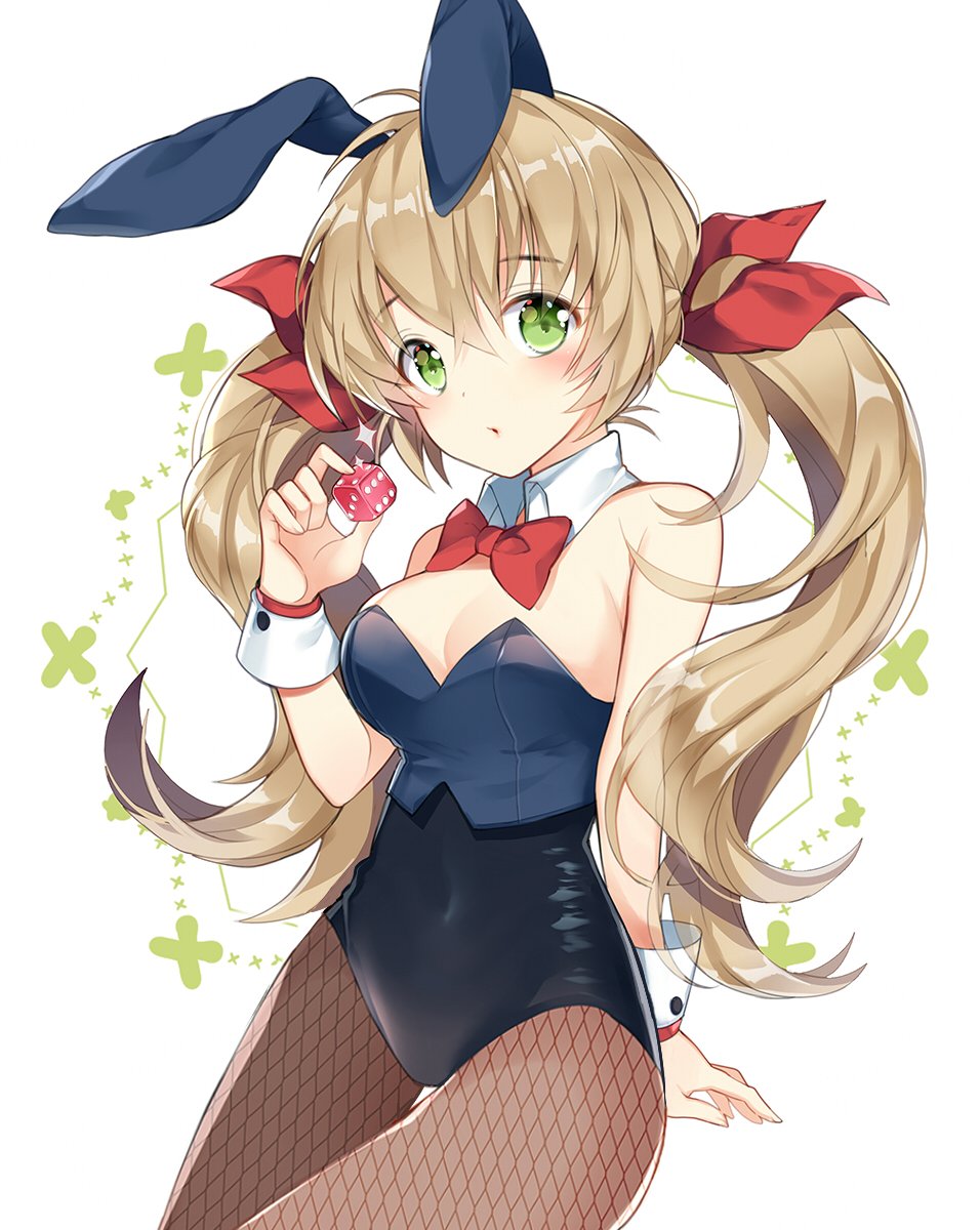 1girl animal_ears arm_behind_back artist_request bare_shoulders blonde_hair blush bow bowtie breasts bunny_girl bunnysuit character_request covered_navel detached_collar dice fake_animal_ears fishnet_pantyhose fishnets green_eyes hair_bow highres holding leotard long_hair looking_at_viewer medium_breasts pantyhose rabbit_ears red_bow solo twintails wrist_cuffs