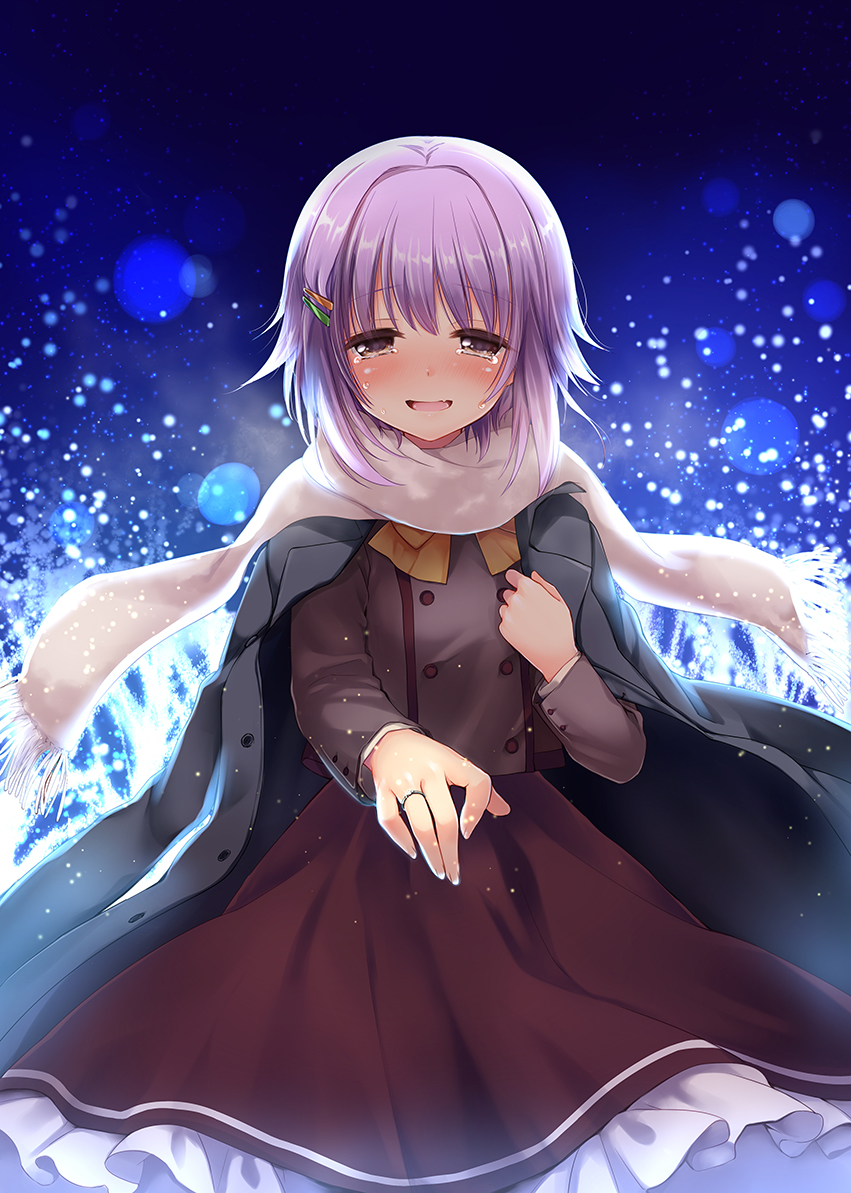 1girl :d blush brown_eyes fummy hair_ornament hairclip idolmaster idolmaster_cinderella_girls jacket_on_shoulders jewelry koshimizu_sachiko looking_at_viewer open_mouth outstretched_arm purple_hair ring scarf school_uniform short_hair smile tears