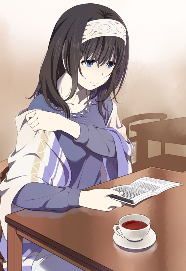 1girl black_hair blue_eyes blush book breasts cup hairband idolmaster idolmaster_cinderella_girls long_hair mattaku_mousuke reading sagisawa_fumika shawl solo teacup