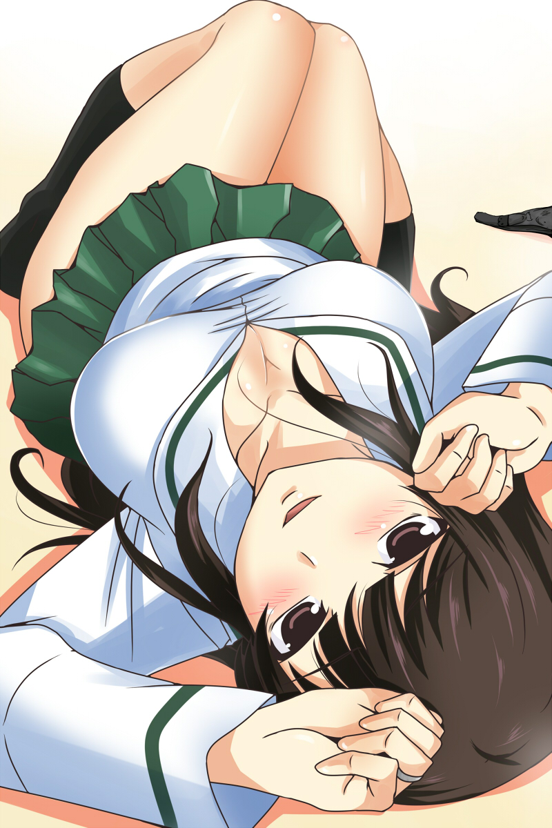 1girl blush breasts brown_eyes brown_hair cleavage commentary_request downblouse girls_und_panzer highres jewelry large_breasts long_hair looking_at_viewer nishi_koutarou nishizumi_shiho open_mouth ring school_uniform serafuku skirt smile solo