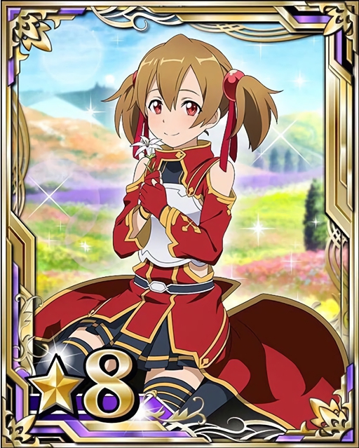 1girl black_skirt breastplate brown_hair card_(medium) fingerless_gloves flower gloves hair_ribbon holding holding_flower kneeling number pleated_skirt red_eyes red_gloves red_ribbon ribbon short_hair short_twintails silica skirt smile solo sword_art_online thigh-highs twintails zettai_ryouiki