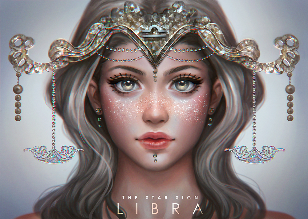 1girl abigail_diaz balance_scale earrings eyebrows eyelashes face grey_eyes grey_hair hair_ornament jewelry libra lips long_hair looking_at_viewer nose original portrait solo sparkle weighing_scale