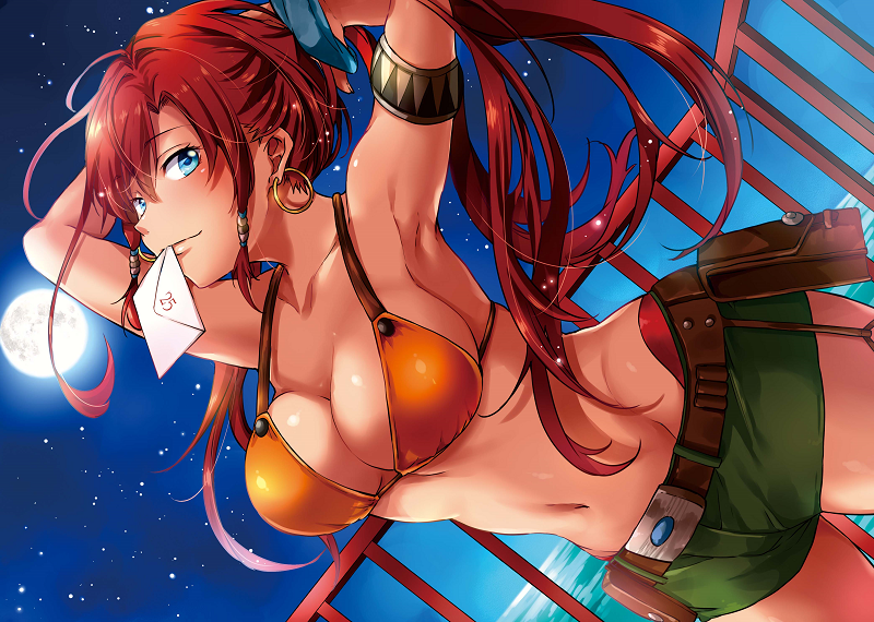 1girl adjusting_hair armlet armpits arms_behind_head arms_up bare_shoulders bellows_(suisei_no_gargantia) belt belt_pouch bikini_top blue_eyes blush breasts cleavage closed_mouth collarbone cowboy_shot dutch_angle earrings full_moon groin hair_ornament hoop_earrings jewelry large_breasts letter long_hair looking_at_viewer moon mouth_hold navel night night_sky ocean railing redhead short_shorts shorts shouno_kotarou sidelocks sky smile solo star_(sky) starry_sky stomach suisei_no_gargantia