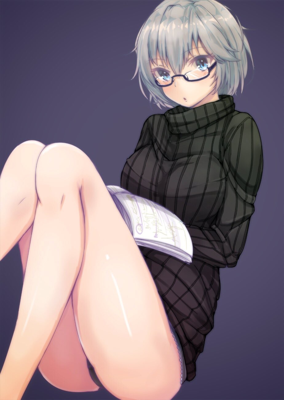 1girl anastasia_(idolmaster) bespectacled blue_eyes book breasts glasses highres idolmaster idolmaster_cinderella_girls looking_at_viewer panties pantyshot ribbed_sweater ryuu. semi-rimless_glasses short_hair silver_hair simple_background solo sweater underwear