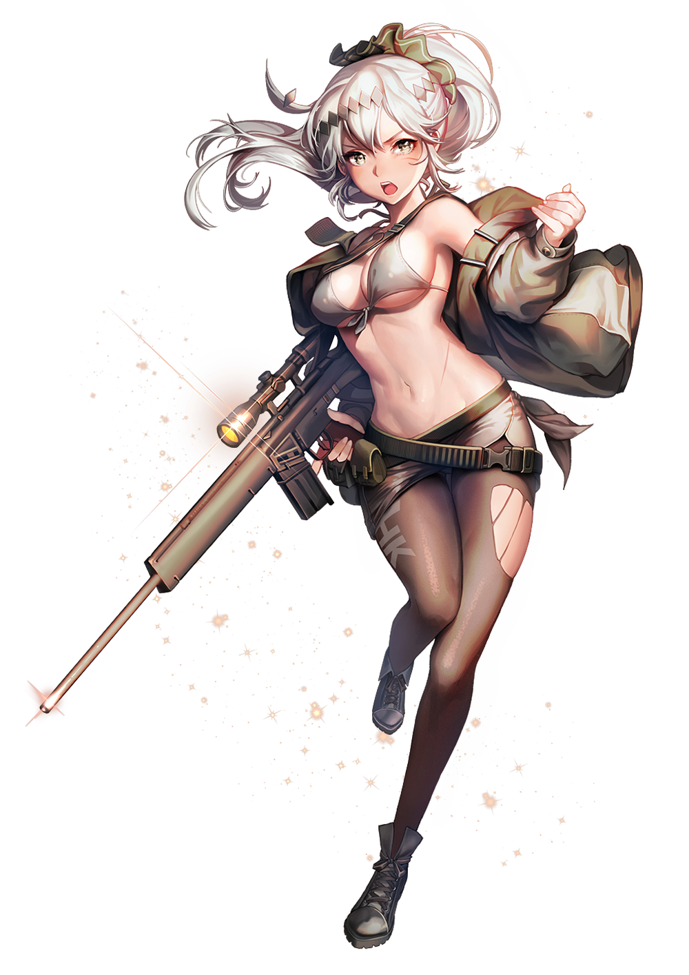 1girl belt bikini_top full_body girls_frontline grey_eyes gun highres jacket kyjsogom long_hair looking_at_viewer midriff miniskirt navel open_mouth pantyhose ponytail psg-1_(girls_frontline) rifle shoes skirt solo standing standing_on_one_leg torn_clothes torn_pantyhose weapon white_background white_hair