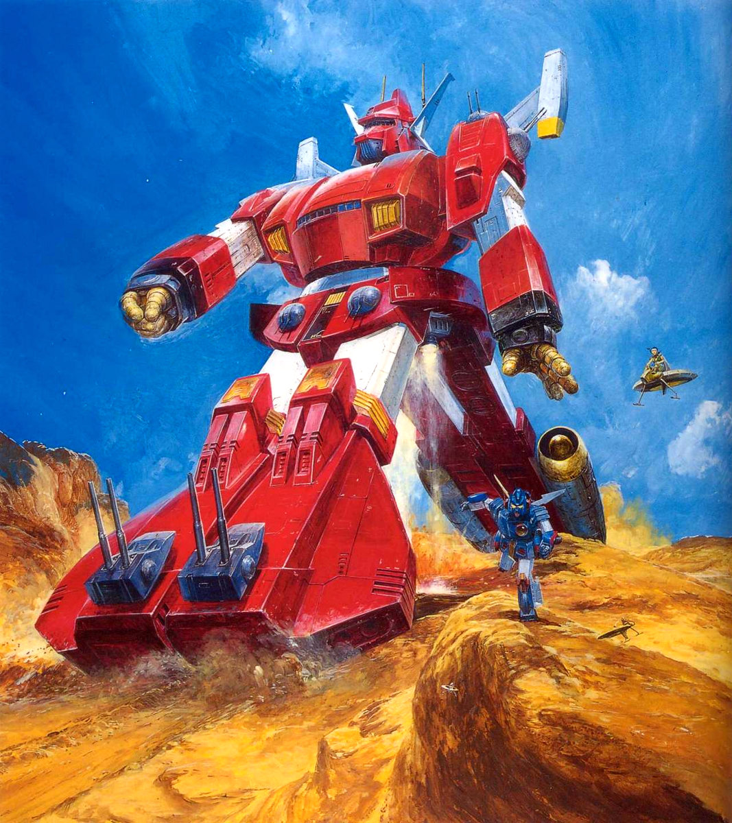 80s aircraft antennae cannon character_request clouds desert dust epic flying highres iron_gear landship mecha official_art oldschool painting production_art promotional_art realistic rock scan science_fiction sentou_mecha_xabungle size_difference tagme takani_yoshiyuki traditional_media transforming turret xabungle_(mecha)