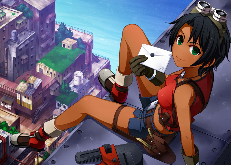 &gt;:) 1girl arm_support bangs bare_shoulders belt belt_pouch black_gloves black_hair breasts brown_shoes cityscape closed_mouth from_above gloves goggles goggles_on_head green_eyes holster jewelry looking_at_viewer looking_up mayta_(suisei_no_gargantia) necklace ocean parted_bangs shoes short_hair shorts sitting small_breasts solo suisei_no_gargantia thigh_holster torigoe_takumi wrench