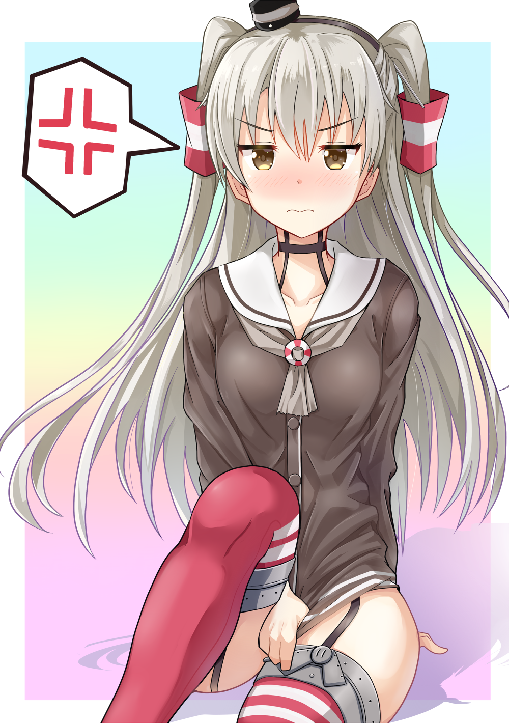 1girl amatsukaze_(kantai_collection) anger_vein atatata71 blush choker covering covering_crotch dress embarrassed garter_straps gradient gradient_background highres kantai_collection long_hair looking_at_viewer multicolored_background red_legwear sailor_dress short_dress silver_hair sitting solo speech_bubble spoken_anger_vein striped striped_legwear thigh-highs two_side_up yellow_eyes