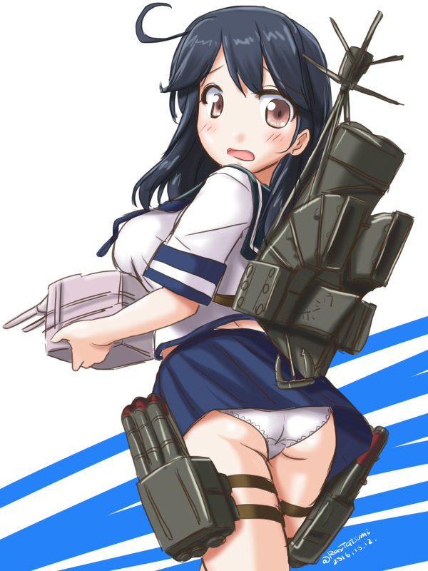1girl ahoge anchor ass black_hair breast_rest breasts brown_eyes kantai_collection large_breasts machinery open_mouth panties rigging school_uniform serafuku solo tatsumi_rei underwear ushio_(kantai_collection) white_panties