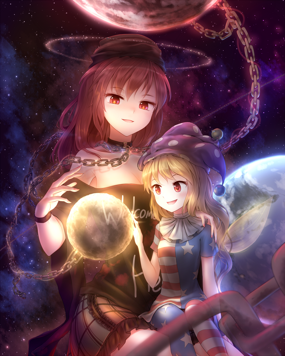 2girls american_flag_dress american_flag_legwear bangs black_shirt blonde_hair breasts chain cleavage clothes_writing clownpiece collar commentary_request dress earth earth_(ornament) fairy_wings hat hecatia_lapislazuli highres jester_cap long_hair minust multicolored_skirt multiple_girls neck_ruff off-shoulder_shirt pantyhose pleated_skirt polka_dot polos_crown red_eyes redhead shirt short_dress sitting skirt smile space star star_(sky) star_print striped t-shirt touhou wings