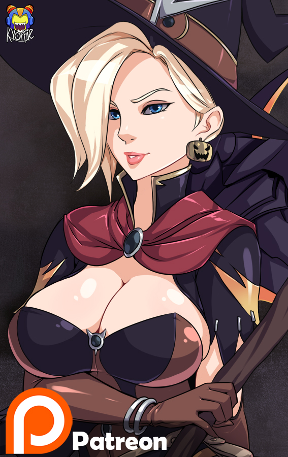 1girl alternate_costume artist_name bangle blonde_hair blue_eyes bracelet breast_hold breasts brown_gloves capelet cleavage earrings elbow_gloves gloves halloween_costume hat holding holding_staff jack-o'-lantern_earrings jewelry kyoffie12 large_breasts lips mechanical_wings mercy_(overwatch) nose overwatch parted_lips patreon short_sleeves signature staff upper_body watermark wings witch witch_hat witch_mercy