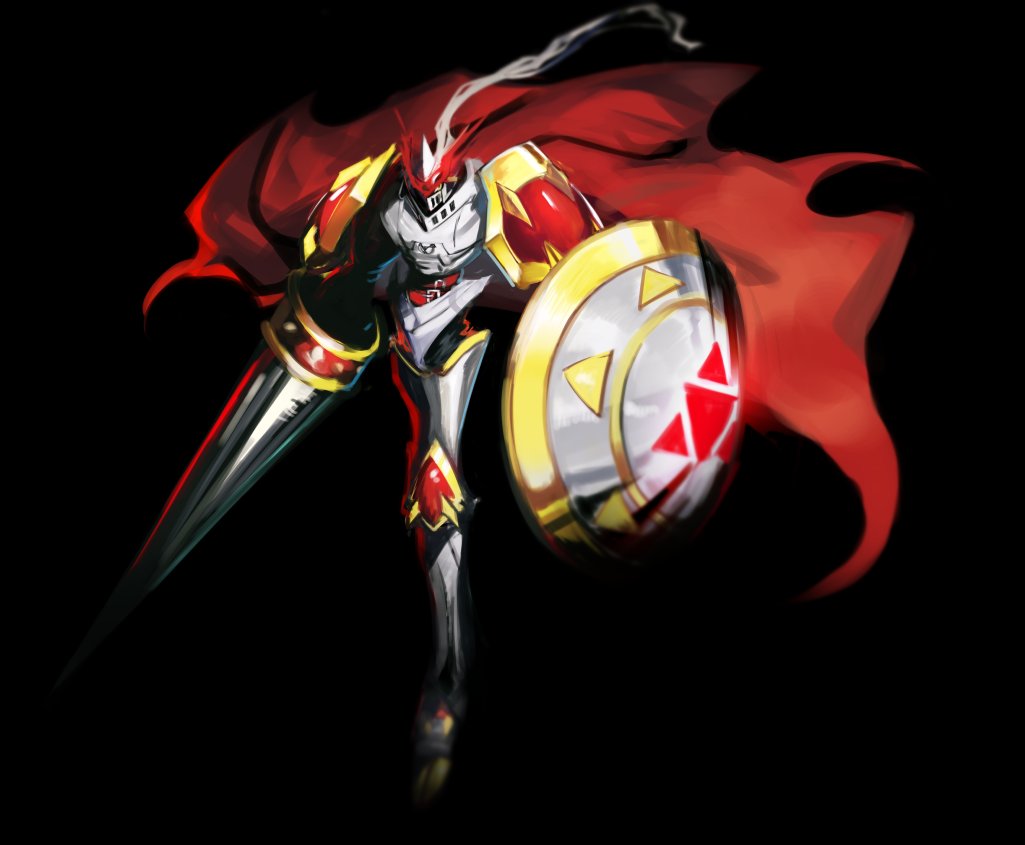 armor cloak digimon dukemon knight kokaki_mumose lance no_humans polearm shield weapon
