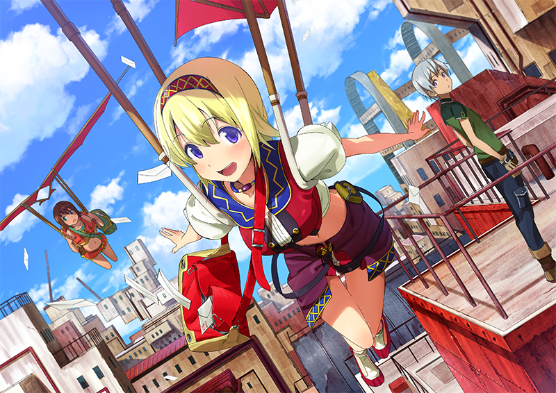 1boy 2girls :d amy_(suisei_no_gargantia) bag bare_shoulders blonde_hair blush breasts brown_hair building choker clouds cloudy_sky day domo1220 dutch_angle flying full_body glider hairband leaning_forward ledo_(suisei_no_gargantia) letter looking_at_viewer medium_breasts messenger_bag multiple_girls navel open_mouth outstretched_arms pouch puffy_short_sleeves puffy_sleeves purple_skirt reema_(suisei_no_gargantia) short_hair short_sleeves shoulder_bag silver_hair skirt sky smile spread_arms stomach suisei_no_gargantia violet_eyes