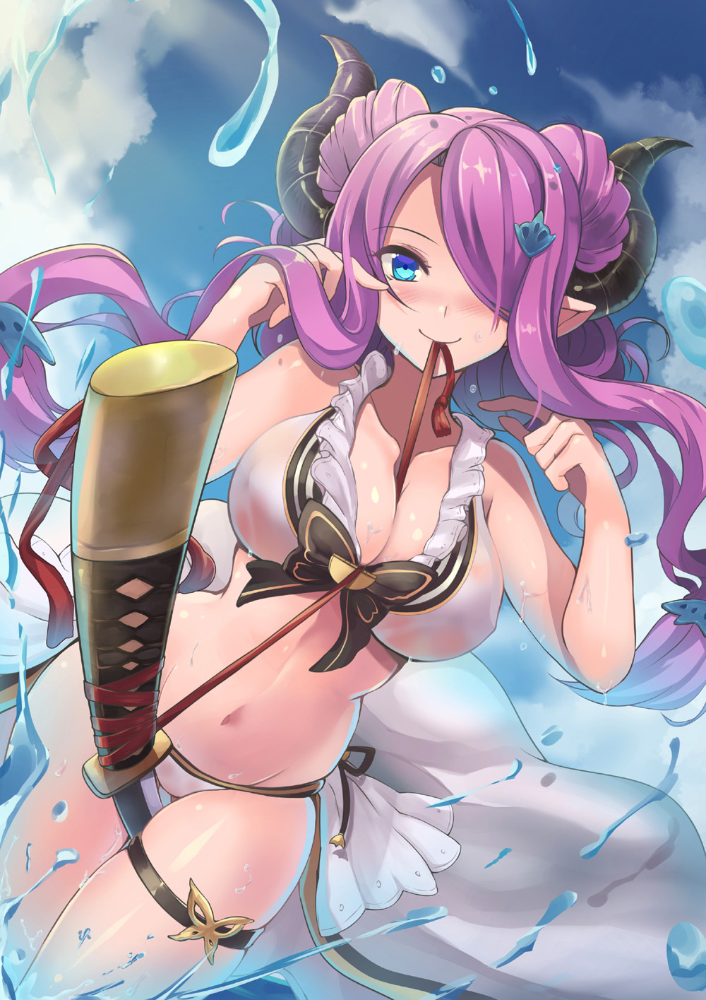 1girl a-na alternate_costume ass ass_visible_through_thighs bangs bare_arms bikini blue_eyes blush breasts cleavage cowboy_shot doraf dutch_angle granblue_fantasy hair_ornament hair_over_one_eye hair_over_shoulder highres horns katana lavender_hair long_hair looking_at_viewer low_twintails midriff narumeia_(granblue_fantasy) navel pointy_ears sidelocks skindentation smile solo splashing standing standing_on_liquid swept_bangs swimsuit sword thigh_gap thigh_strap thighs twintails water weapon white_bikini