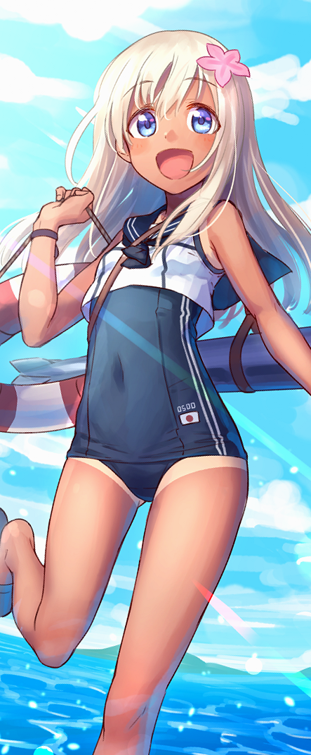 1girl :d blue_eyes covered_navel flower hair_flower hair_ornament kantai_collection long_hair ocean open_mouth ro-500_(kantai_collection) smile solo swimsuit swimsuit_under_clothes tan tanline wedo white_hair