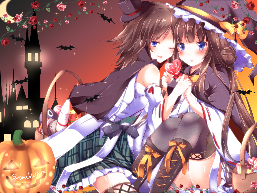 2girls adapted_costume bat blue_eyes brown_hair candy cape cosplay double_bun eyebrows eyebrows_visible_through_hair failure_penguin green_skirt halloween hat hiei_(kantai_collection) holding_hands jack-o'-lantern kantai_collection kongou_(kantai_collection) long_hair looking_at_viewer multiple_girls nanoha-h night night_sky nontraditional_miko open_mouth plaid plaid_skirt pumpkin short_hair skirt sky thigh-highs top_hat twitter_username witch_hat yuri