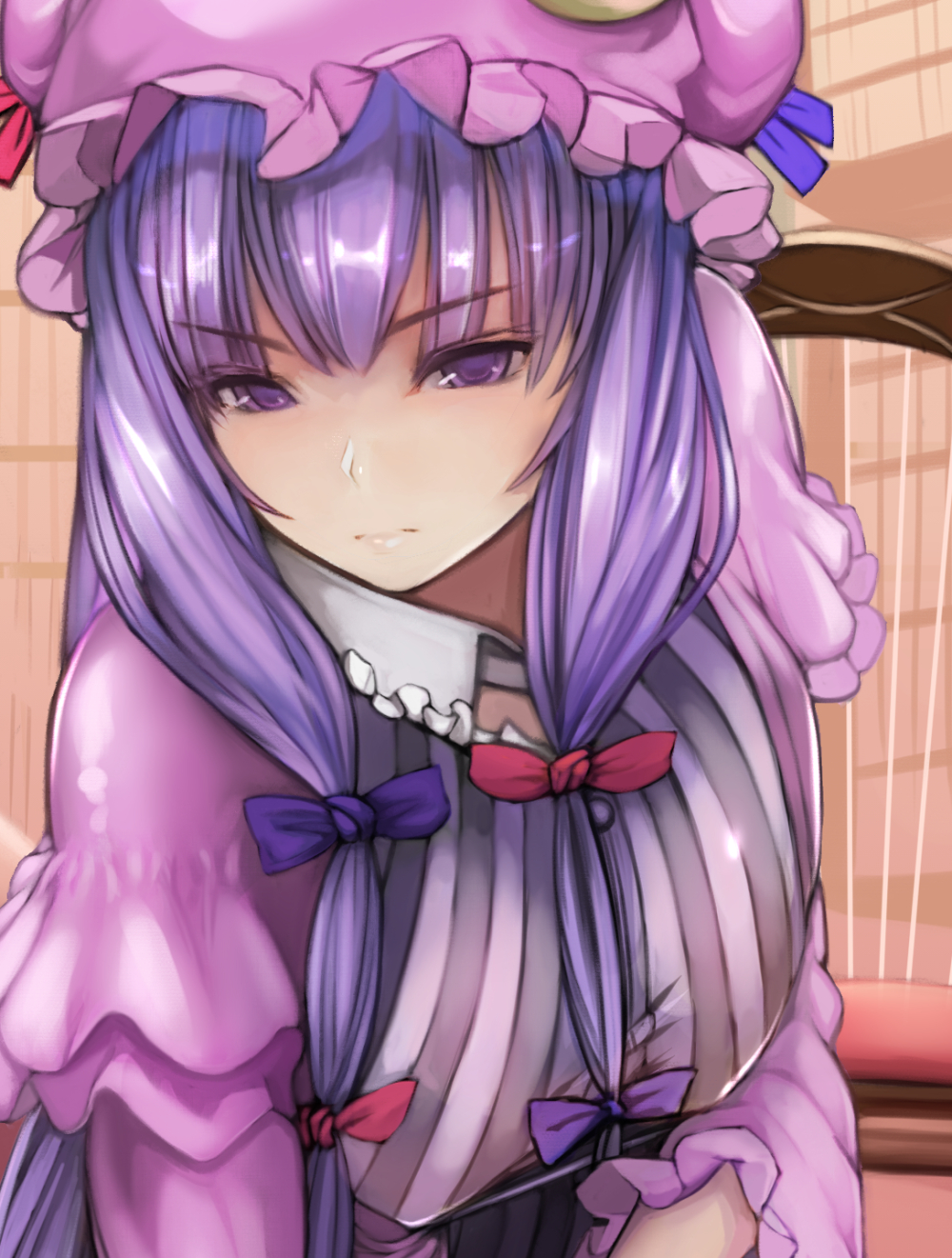 1girl book breasts capelet chair covered_nipples hanging_breasts highres hoshara lavender_eyes lavender_hair library long_hair looking_at_viewer patchouli_knowledge serious solo