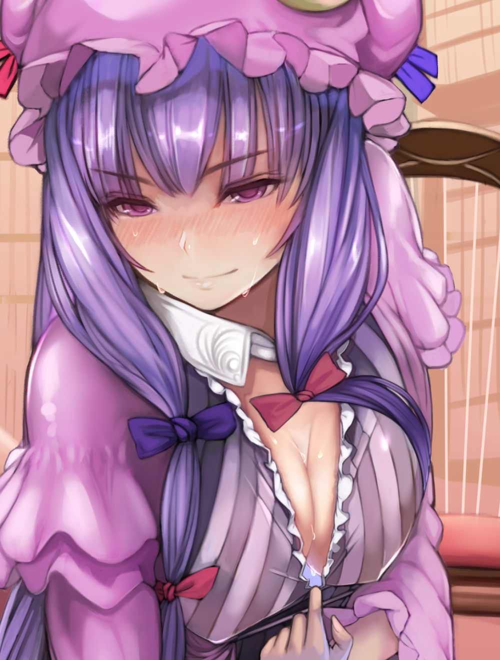 1girl blush book breasts capelet chair cleavage cleavage_reach covered_nipples hanging_breasts highres hoshara lavender_eyes lavender_hair library long_hair looking_at_viewer naughty_face patchouli_knowledge serious smile solo sweat