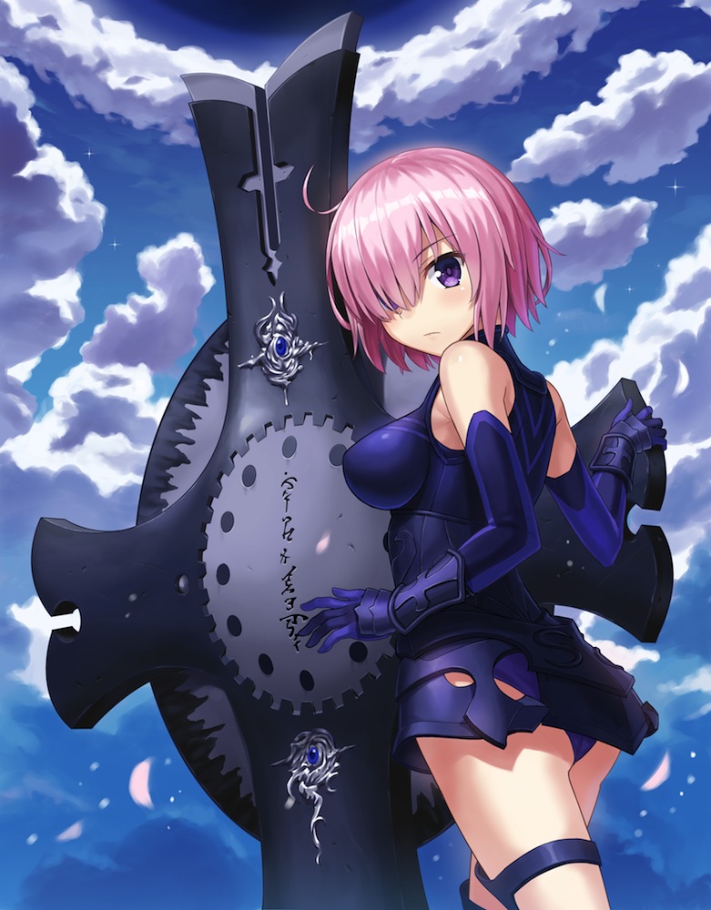1girl :/ bare_shoulders breasts closed_mouth clouds elbow_gloves fate/grand_order fate_(series) from_behind gloves hair_over_one_eye looking_back medium_breasts npcpepper panties pink_hair purple_gloves purple_panties shield shielder_(fate/grand_order) short_hair sky solo sparkle underwear violet_eyes