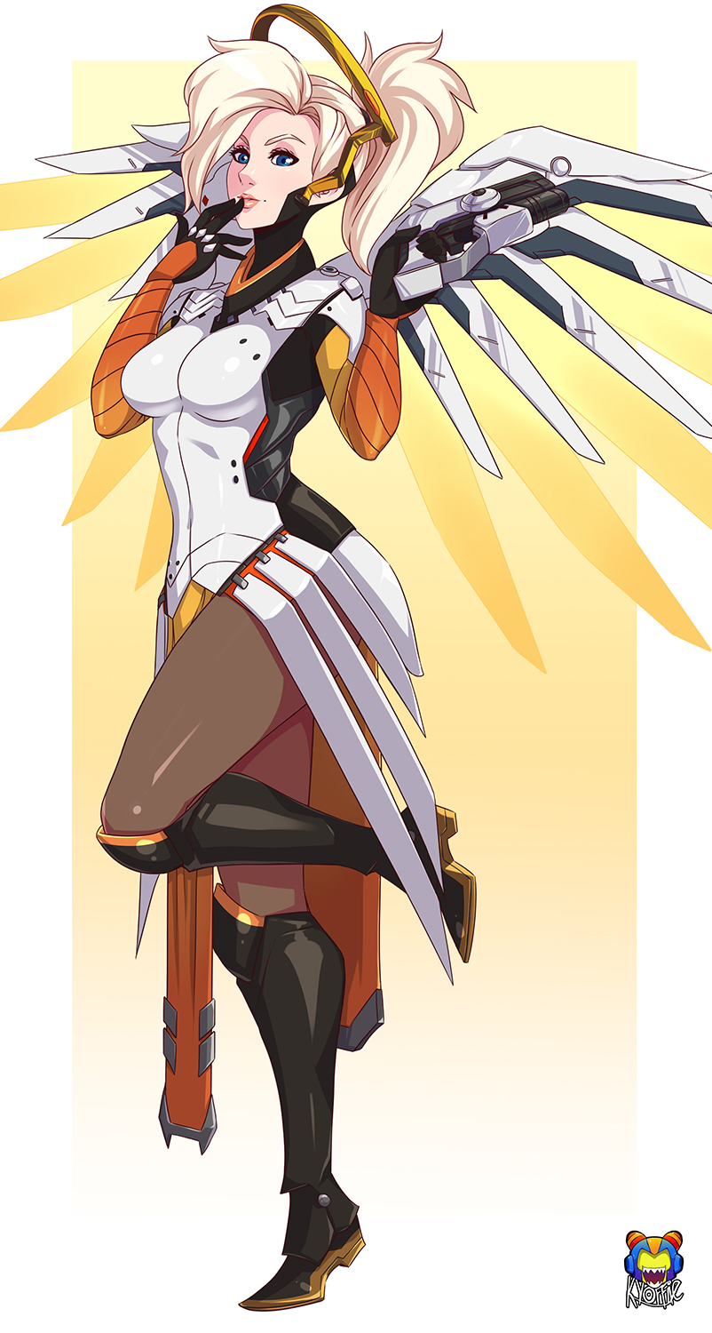 artist_name blonde_hair blue_eyes bodysuit boots breasts brown_background brown_legwear faulds fingers_to_mouth full_body gradient gradient_background gun handgun high_ponytail highres holding holding_gun holding_weapon knee_boots kyoffie12 mechanical_halo mechanical_wings medium_breasts mercy_(overwatch) overwatch pistol signature solo spread_wings standing standing_on_one_leg thigh-highs watermark weapon white_background white_border wings yellow_wings