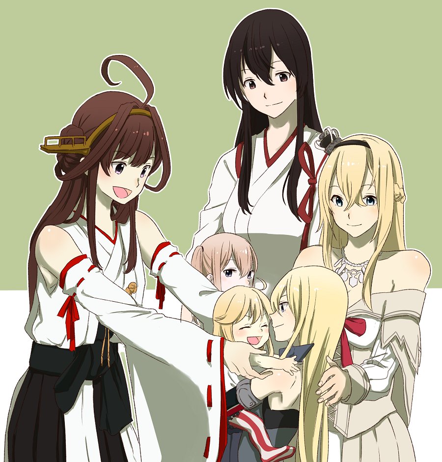 akagi_(kantai_collection) bare_shoulders bismarck_(kantai_collection) blonde_hair blue_eyes braid brown_eyes brown_hair carrying child crown delusion_empire detached_sleeves dress french_braid graf_zeppelin_(kantai_collection) hairband iowa_(kantai_collection) japanese_clothes jewelry kantai_collection kongou_(kantai_collection) long_hair long_sleeves mini_crown multiple_girls necklace off_shoulder smile straight_hair warspite_(kantai_collection) younger