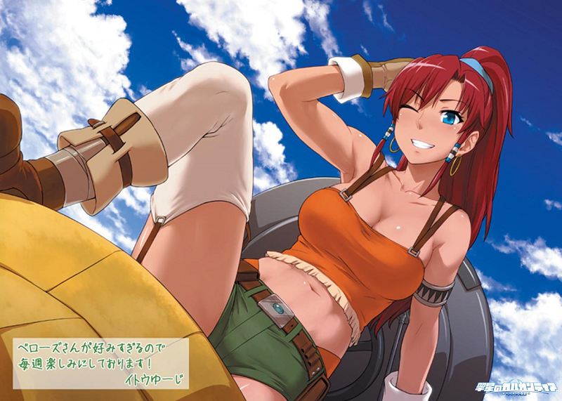 &gt;;) 1girl armlet armpits bare_shoulders bellows_(suisei_no_gargantia) belt blue_eyes breasts brown_gloves cleavage clouds cloudy_sky collarbone day dutch_angle earrings garter_straps gloves grin groin hair_tubes high_ponytail hoop_earrings itou_yuuji jewelry knee_up large_breasts long_hair looking_at_viewer navel redhead short_shorts shorts sidelocks sky smile solo stomach suisei_no_gargantia tank_top thigh-highs translation_request white_legwear