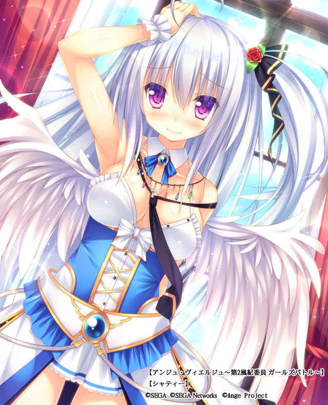 1girl ahoge ange_vierge arm_up armpits breasts cleavage dress eyebrows eyebrows_visible_through_hair feathered_wings flower gokireddo hair_between_eyes hair_flower hair_ornament large_breasts long_hair medium_breasts side_ponytail silver_hair solo violet_eyes white_wings wings wrist_cuffs