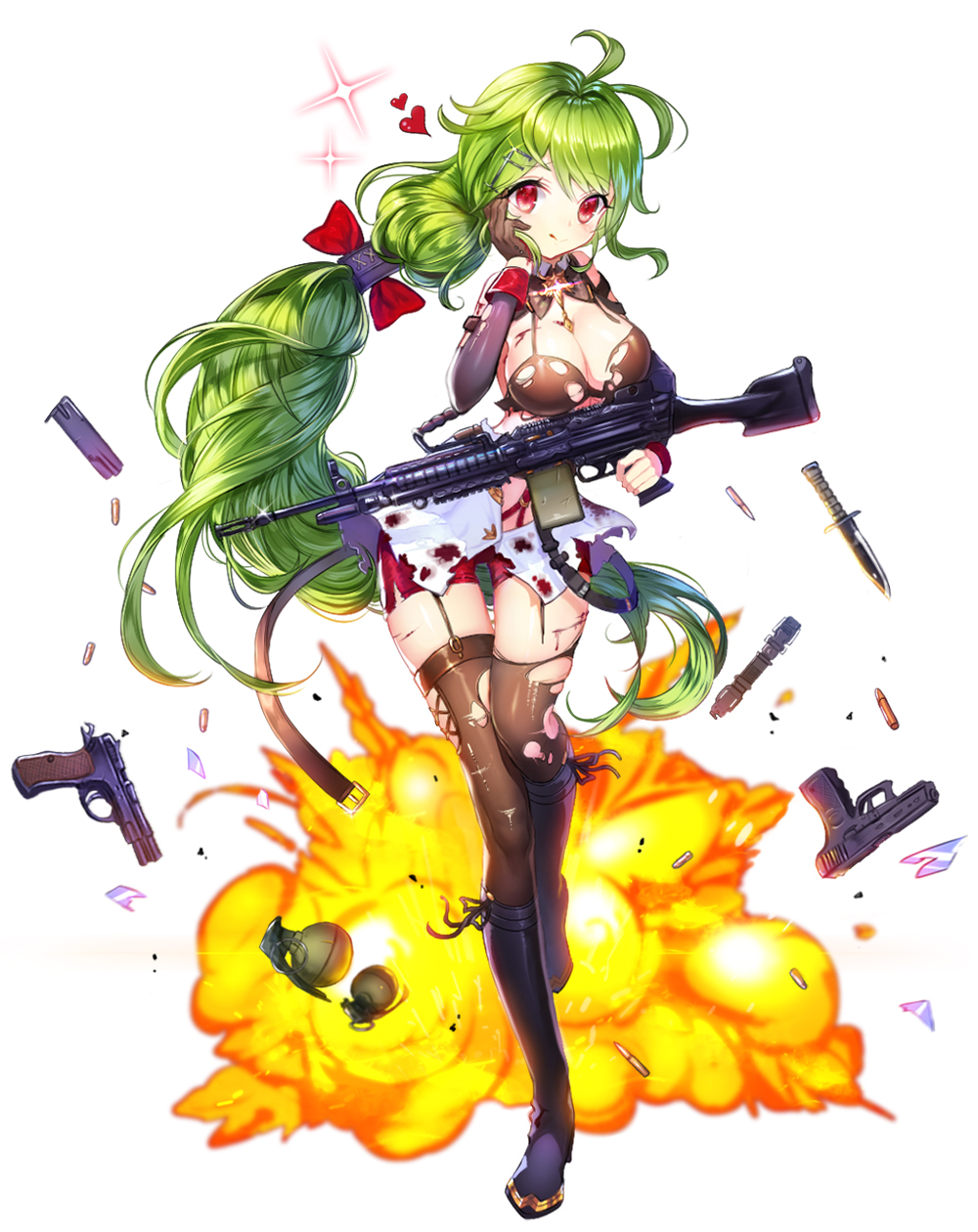 1girl ahoge black_boots black_gloves black_legwear boots bow breasts brooch cleavage explosion explosive full_body girls_frontline gloves green_hair grenade gun hand_on_own_cheek heart highres jewelry knee_boots long_hair looking_at_viewer mk48_(girls_frontline) ponytail red_eyes rifle shorts single_glove solo thigh-highs torn_clothes torn_thighhighs ttaji_(pass35) weapon white_background