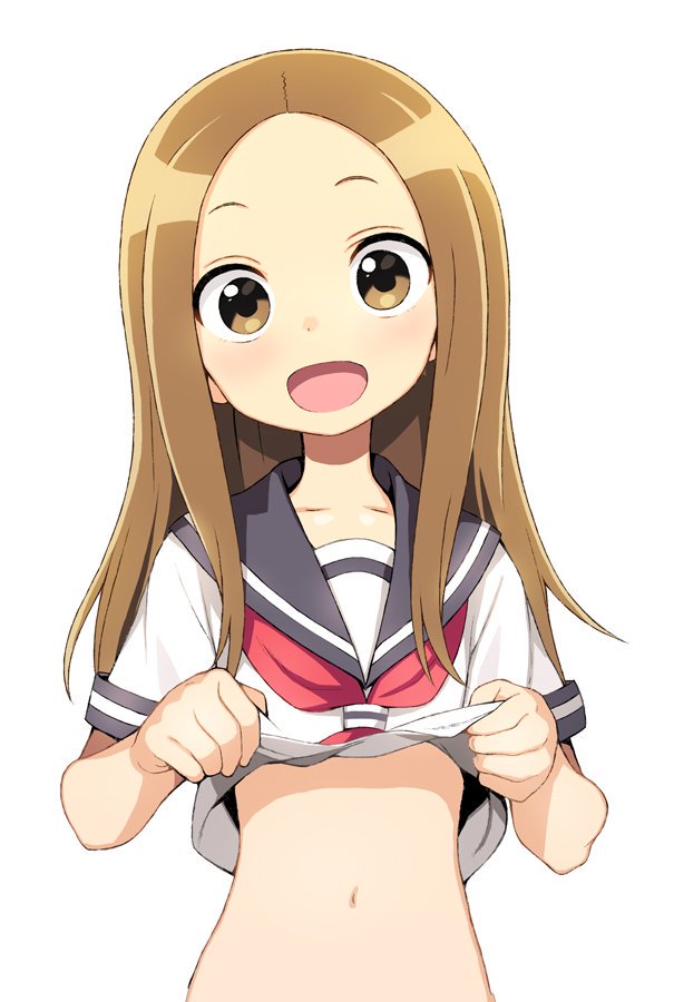 1girl blush brown_eyes brown_hair karakai_jouzu_no_takagi-san long_hair looking_at_viewer navel open_mouth school_uniform serafuku shirt_lift shunin simple_background smile solo takagi-san upper_body white_background