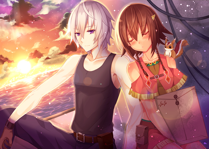 1boy 1girl :o ahoge amy_(suisei_no_gargantia) animal animal_on_shoulder armpit_peek artist_request bag bare_shoulders belt belt_pouch black_pants blush breasts brown_gloves brown_hair cable capelet closed_mouth clouds cloudy_sky collarbone crop_top gloves hetero ledo_(suisei_no_gargantia) light_smile ocean pants paper_bag red_skirt short_hair shoulder_cutout silver_hair sitting skirt sky sleeping small_breasts squirrel suisei_no_gargantia sunset tank_top upper_body v_arms violet_eyes