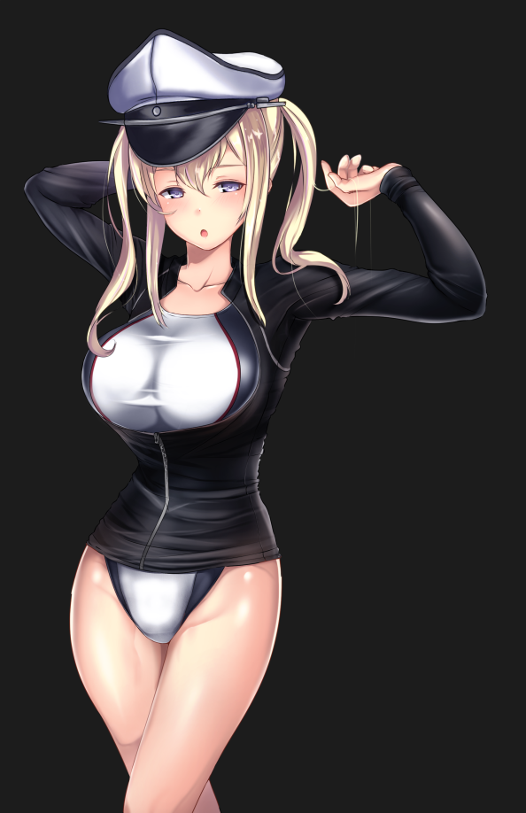 1girl beach black_background blonde_hair blue_eyes breasts collarbone commentary_request competition_swimsuit crossed_legs graf_zeppelin_(kantai_collection) hair_between_eyes hat headwear jacket jacket_over_swimsuit kantai_collection large_breasts looking_at_viewer one-piece_swimsuit open_mouth peaked_cap shiny shiny_clothes shiny_skin simple_background solo swimsuit tight twintails untsue