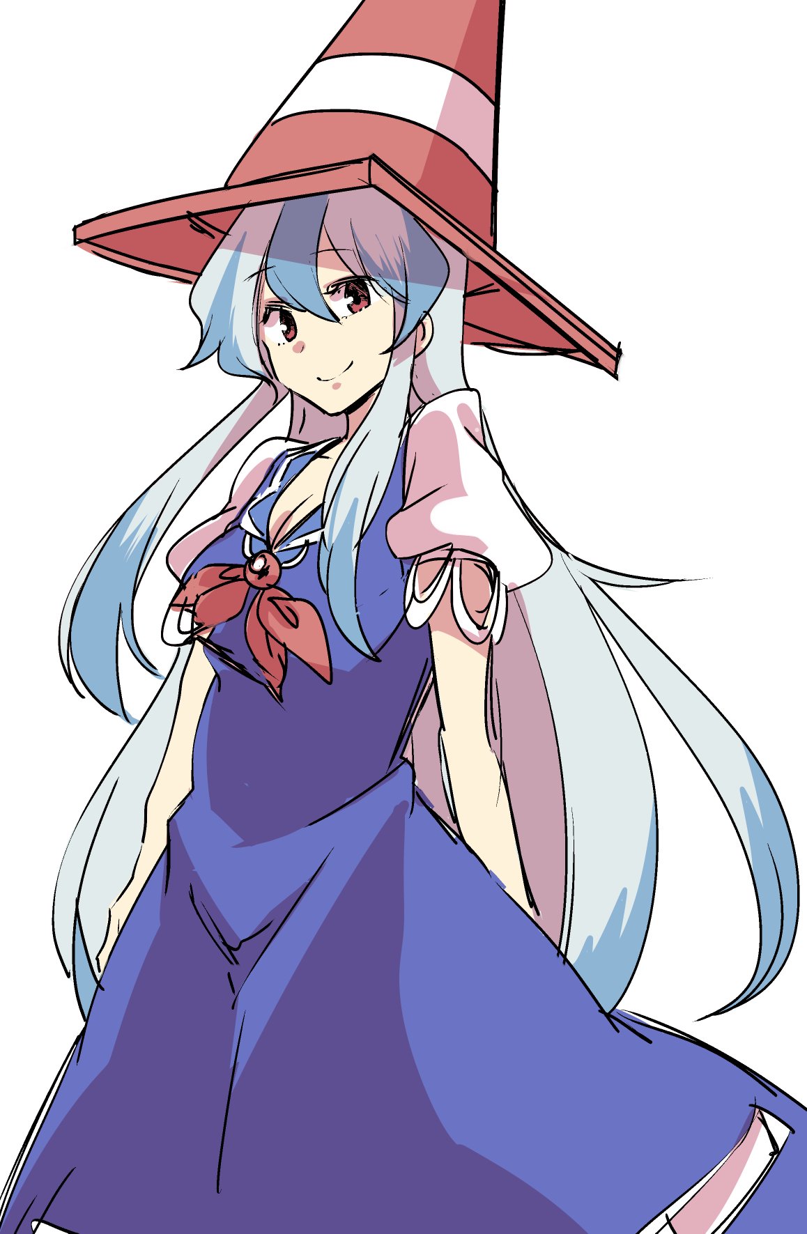 1girl blue_dress blue_hair commentary dress highres kamishirasawa_keine long_hair looking_at_viewer mana_(gooney) multicolored_hair puffy_sleeves red_eyes short_sleeves silver_hair simple_background sketch smile solo tagme touhou traffic_cone two-tone_hair white_background