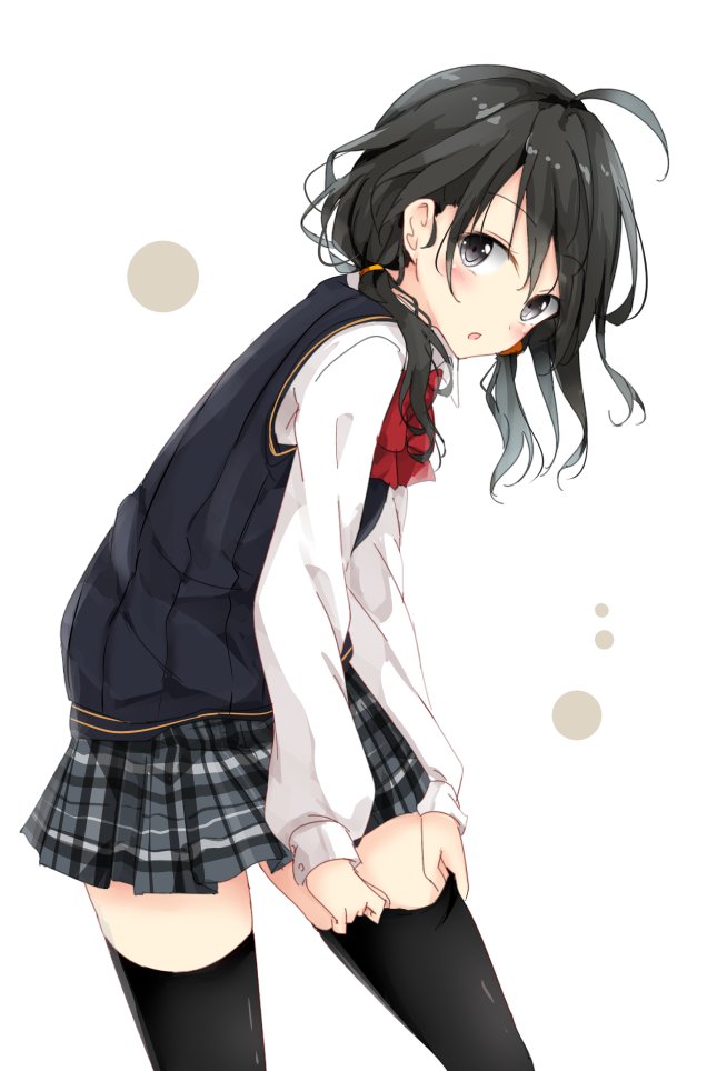 1girl black_eyes black_hair blush braiding_hair hairdressing long_hair looking_back miniskirt open_mouth original reflection ribbon school_uniform shiina_kuro skirt thigh-highs thighs vest white_background