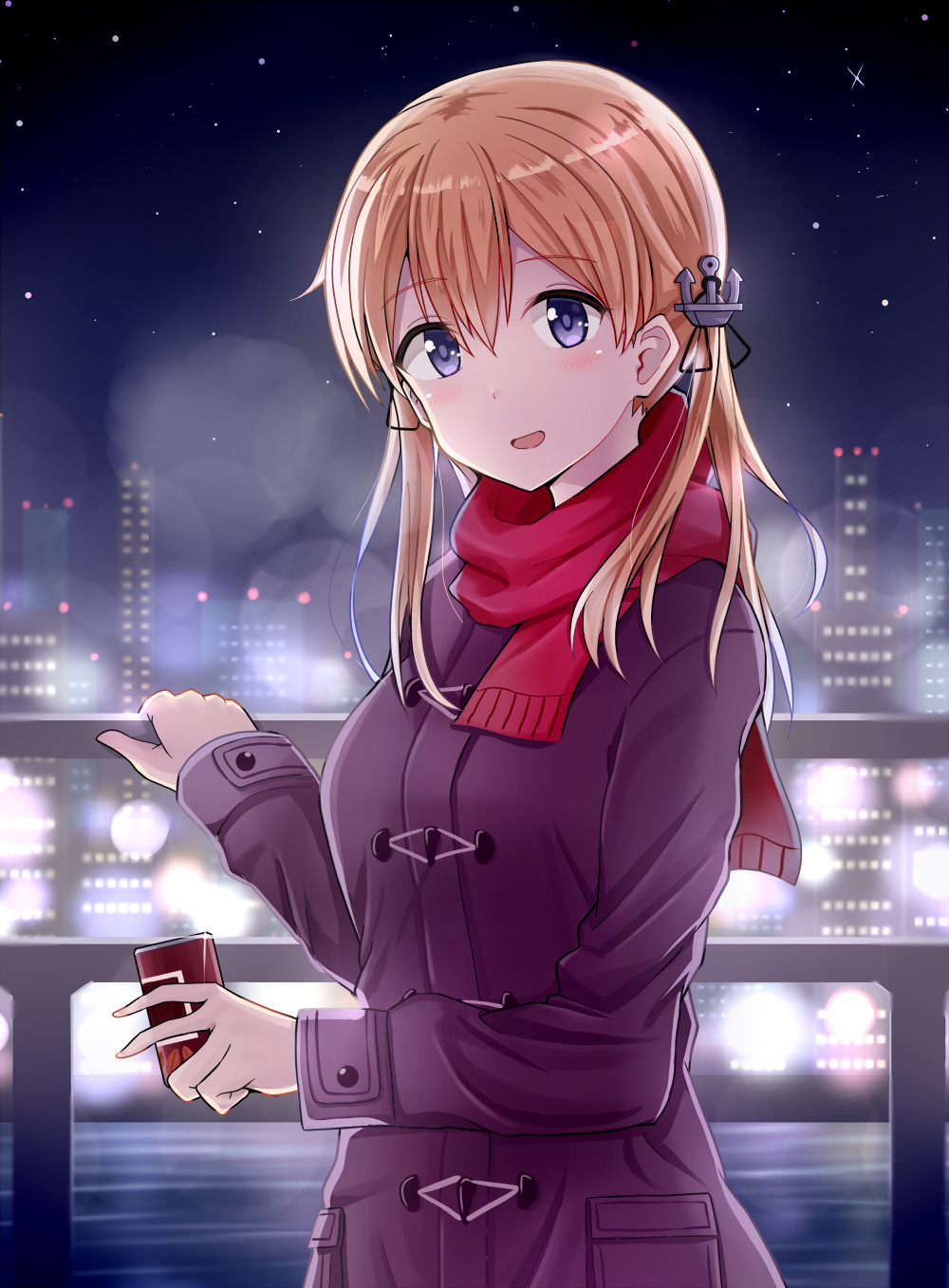 1girl anchor_hair_ornament atatata71 blonde_hair blue_eyes coat eyebrows eyebrows_visible_through_hair hair_between_eyes hair_ornament highres kantai_collection long_hair looking_at_viewer night night_sky prinz_eugen_(kantai_collection) red_scarf scarf sky solo upper_body winter_clothes winter_coat