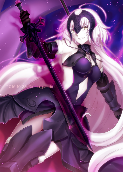1girl 2016 armor armored_boots artist_name aura black_gloves blonde_hair boots breasts chain commentary_request dated fate/grand_order fate_(series) gauntlets gloves headpiece holding holding_sword holding_weapon jeanne_alter long_hair looking_at_viewer nina_(pastime) ruler_(fate/apocrypha) smile solo sword weapon yellow_eyes