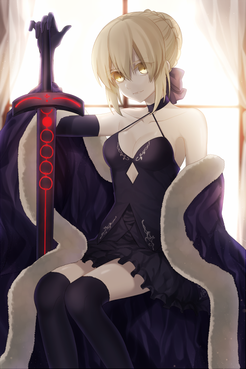1girl blonde_hair breasts cleavage dark_excalibur elbow_gloves fate/grand_order fate/stay_night fate_(series) fur-trimmed_cape fur_coat gloves looking_at_viewer pale_skin saber saber_alter short_hair solo takashima_saki thigh-highs thighs window yellow_eyes