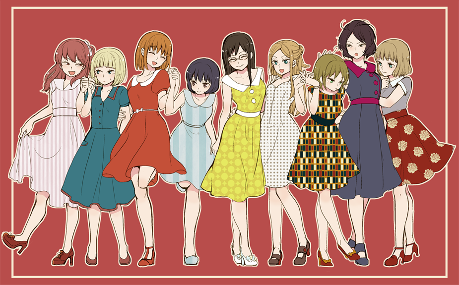 &gt;:o 6+girls :d :o ^_^ arm_around_waist arm_at_side arm_holding ayatsuji_haruka bangs bare_legs black_dress black_hair black_shoes blonde_hair blue_eyes blunt_bangs border bow bracelet breasts brown_eyes brown_hair buttons casual closed_eyes closed_mouth collarbone dress eyebrows eyebrows_visible_through_hair eyelashes floral_print full_body fume glasses green_eyes hair_bow hair_bun half_updo hand_on_another's_arm hand_on_another's_head happy high_heels hiyami_aki holding_hands jewelry konami_kirie kumagai_yuuko leaning_forward leg_up light_brown_hair lineup locked_arms long_hair looking_at_another looking_at_viewer looking_down looking_to_the_side medium_breasts messy_hair mikami_kaho mouth_hold multiple_girls nasu_rei nire_hikari no_socks one_side_up open_mouth osano_rui outline outside_border polka_dot polka_dot_dress print_skirt red_dress red_eyes red_shoes red_skirt redhead rimless_glasses shoes short_dress short_hair simple_background skirt skirt_hold sleeveless sleeveless_dress small_breasts smile standing standing_on_one_leg striped sweatdrop takaya unmoving_pattern usami_shiori vertical-striped_dress vertical_stripes white_bow white_shoes world_trigger yellow_dress