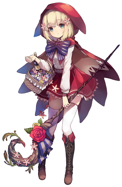 1girl artist_request basket blonde_hair boots bow cape carrying character_request copyright_request eyebrows eyebrows_visible_through_hair flower flower_basket full_body green_eyes grimms_notes hair_flower hair_ornament holding hood little_red_riding_hood_(grimm) long_sleeves short_hair simple_background skirt solo staff thigh-highs white_background white_legwear