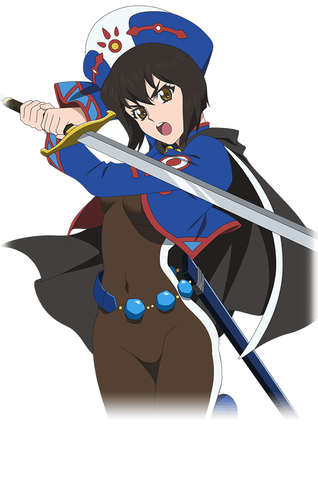 1girl black_hair bob_cut bodysuit brown_eyes cape chloe_valens covered_navel hat holding holding_sword holding_weapon looking_at_viewer official_art short_hair solo sword tales_of_(series) tales_of_legendia weapon