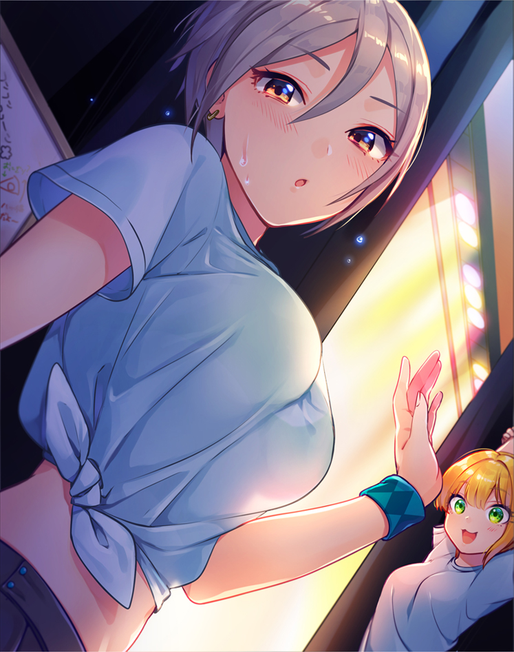 2girls bbbannooo blonde_hair blush breasts brown_eyes earrings hair_between_eyes idolmaster idolmaster_cinderella_girls jewelry looking_at_viewer midriff miyamoto_frederica multiple_girls open_mouth shiomi_shuuko shirt short_hair silver_hair smile sweat tied_shirt