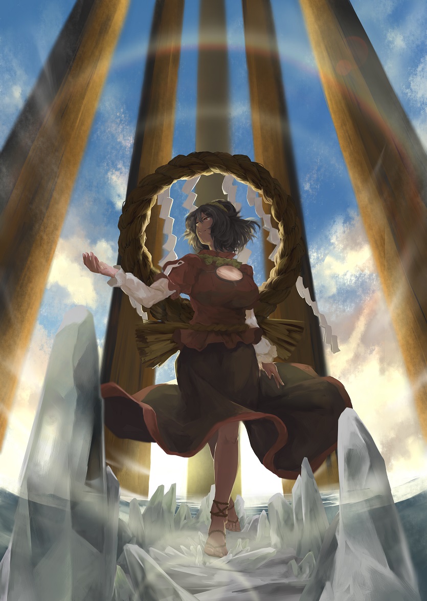 1girl backlighting black_skirt blue_hair clouds cloudy_sky commentary_request day full_body hair_bun hairband ice lens_flare long_skirt long_sleeves mirror onbashira puffy_short_sleeves puffy_sleeves rainbow red_eyes red_shirt rope sandals shimenawa shirt short_hair short_sleeves skirt sky solo tohya touhou walking walking_on_ice yasaka_kanako