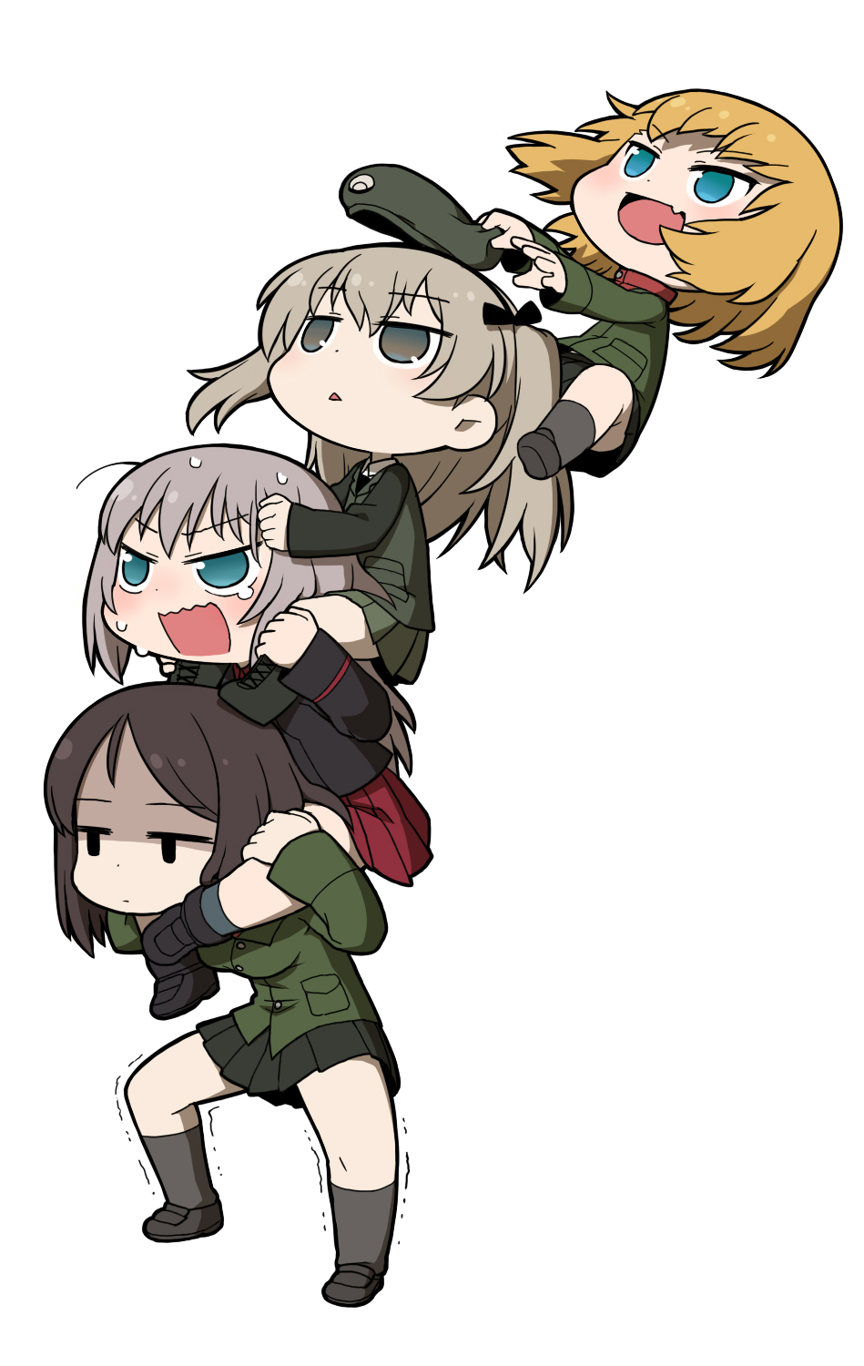&gt;:d 4girls :&lt; :d beret black_hair black_legwear blonde_hair blue_eyes blush carrying chintai_(mansyontintai) falling fang girls_und_panzer grey_hair hairband hands_on_another's_head hat highres human_tower itsumi_erika jacket jitome katyusha long_hair long_sleeves military military_uniform motion_lines multiple_girls nonna open_mouth outstretched_arms pleated_skirt rectangular_mouth shaded_face shimada_arisu shoes short_hair shoulder_carry silver_hair simple_background skirt smile socks stacking standing sweatdrop tears trembling triangle_mouth two_side_up uniform wavy_mouth white_background