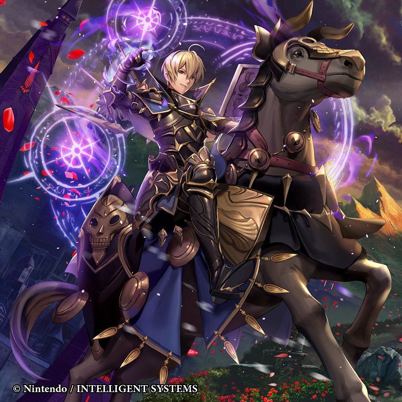 1boy ahoge armor armored_boots artist_request belt black_armor blonde_hair boots brown_eyes brynhildr_(tome) capelet casting_spell castle collar company_name fire_emblem fire_emblem_if flower horns horse horseback_riding leon_(fire_emblem_if) magic_circle mountain petals riding short_hair skull smile solo sunset