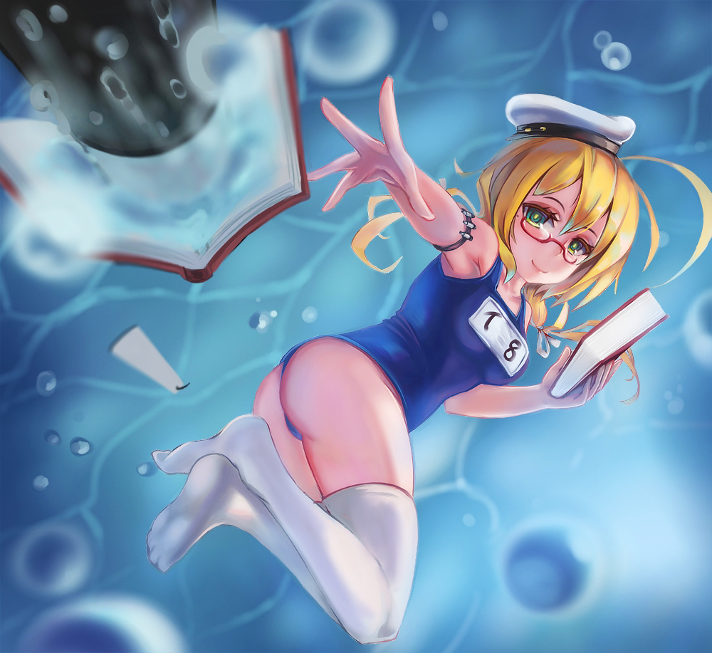 1girl ahoge ass blonde_hair book bookmark bubble character_name chiwa_(tsugumisky) closed_mouth crossed_legs glasses green_eyes hat holding holding_book huge_ahoge i-8_(kantai_collection) kantai_collection long_hair low_twintails one-piece_swimsuit open_book outstretched_arm red-framed_eyewear semi-rimless_glasses smile solo swimsuit thigh-highs twintails under-rim_glasses water white_hat white_legwear