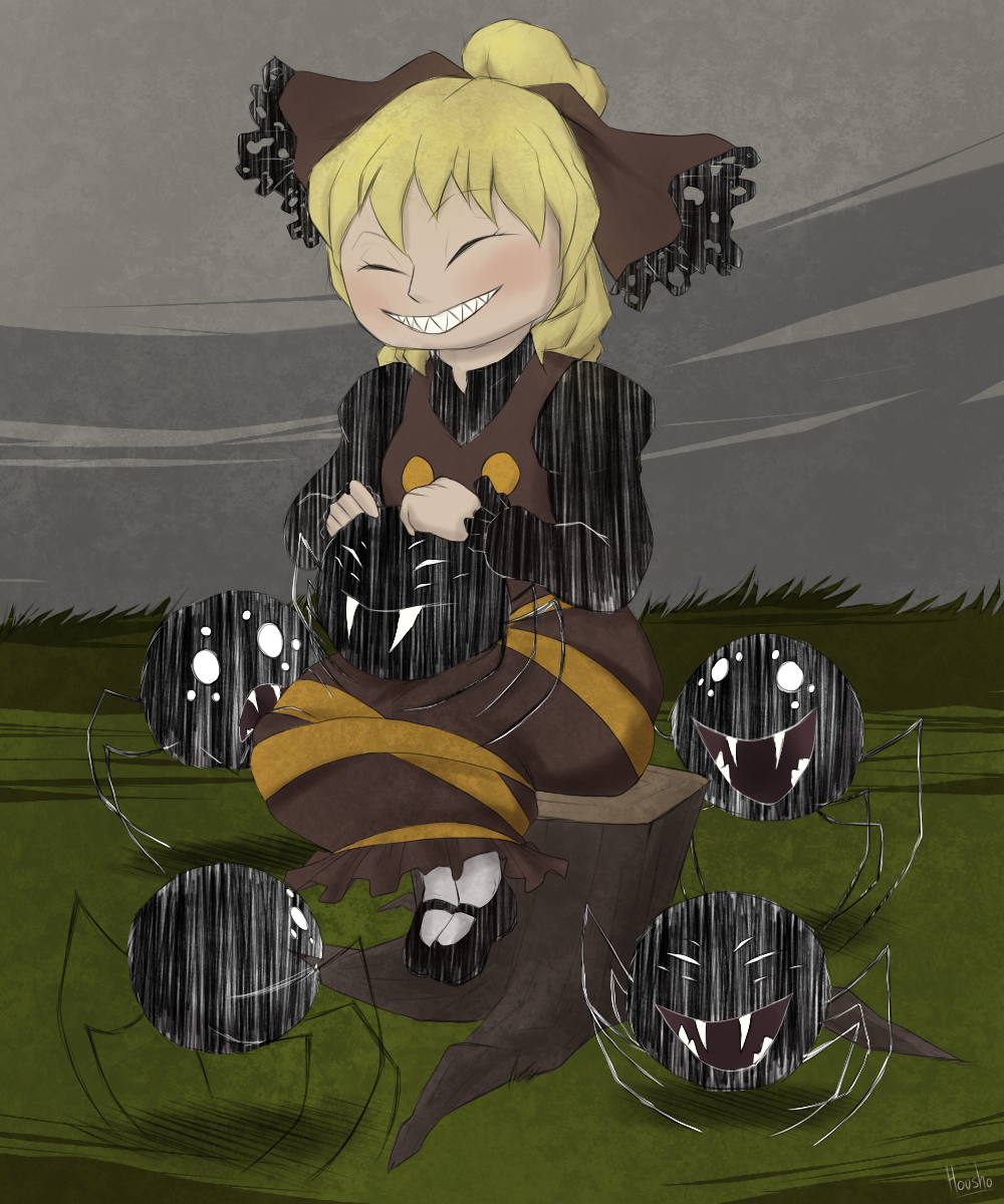 1girl blonde_hair brown_dress closed_eyes crossover don't_starve dress extra_eyes fangs grass grey_sky grin hair_ribbon highres kurodani_yamame long_sleeves monster open_mouth ribbon robin_(unlimited_world) sharp_teeth sitting smile spider teeth touhou tree_stump white_eyes