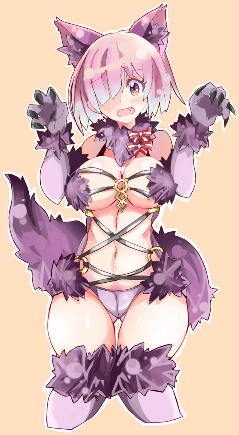 1girl animal_ears ass_visible_through_thighs blush bow breasts claws cleavage cropped_legs enpe eyebrows eyebrows_visible_through_hair fang fate/grand_order fate_(series) fur fur_collar fur_trim hair_over_one_eye highres knees_together_feet_apart looking_at_viewer medium_breasts o-ring open_mouth orange_background outline panties purple_hair purple_panties shielder_(fate/grand_order) short_hair simple_background solo striped striped_bow tail underwear violet_eyes wolf_ears wolf_tail