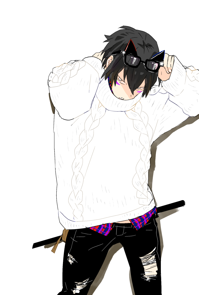 1boy alternate_hair_length alternate_hairstyle black_hair denim facial_mark glasses glasses_on_head jeans male_focus one-punch_man onsoku_no_sonic pants solo sweater sword torn_clothes torn_jeans wani_(wanwan) weapon