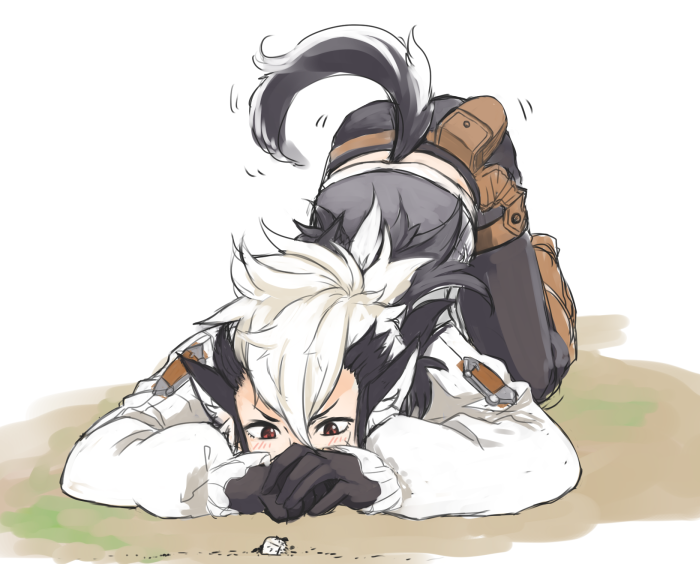 1boy all_fours animal_ears ant black_gloves blush dirt fire_emblem fire_emblem_if flannel_(fire_emblem_if) frills gloves hallco looking_down messy_hair multicolored_hair puffy_sleeves red_eyes ruffled_sleeves sugar_cube tail top-down_bottom-up two-tone_hair wolf_boy