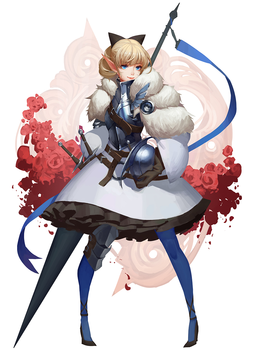 1girl armor armored_dress black_bow black_gloves blonde_hair blue_eyes bow closed_mouth elf flower full_body fur_trim gloves hair_bow headwear_removed helmet helmet_removed highres holding holding_weapon lance long_sleeves looking_at_viewer original pantyhose pointy_ears polearm red_rose rose sheath sheathed short_hair smile solo sword weapon wide_sleeves youxuemingdie